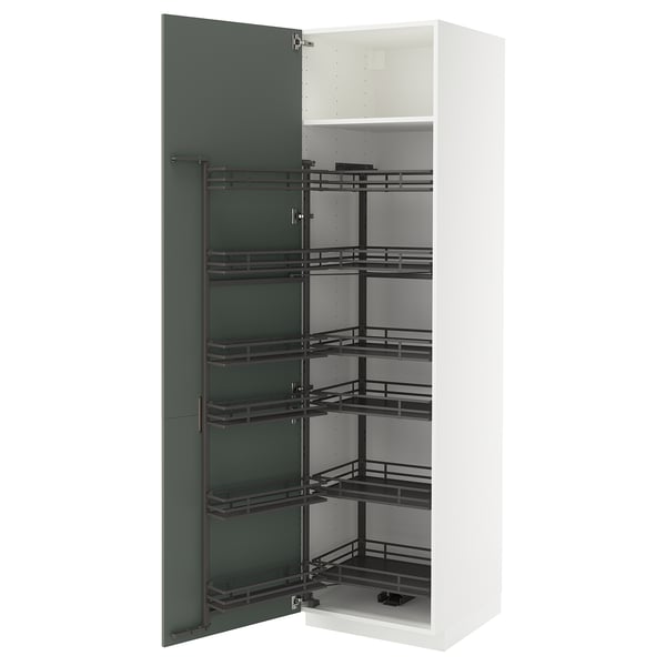 Modern white kitchen cabinet with gray-green door, multiple wire shelves.