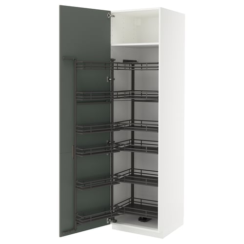 Modern white kitchen cabinet with gray-green door, multiple wire shelves.