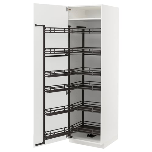 White kitchen cabinet with black pull-out shelves. Modern, spacious, easy-clean design.