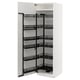 A white METOD kitchen cabinet with black pull-out shelves. The cabinet multiple sliding racks for storage.