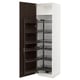 Open white kitchen cabinet with dark brown pull-out shelves.