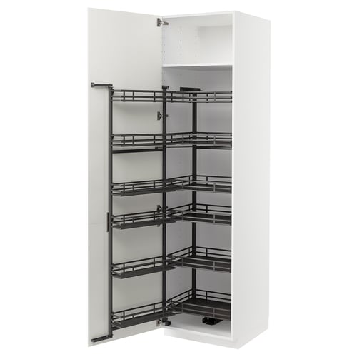 An open METOD kitchen cabinet with white doors and black pull-out shelves.