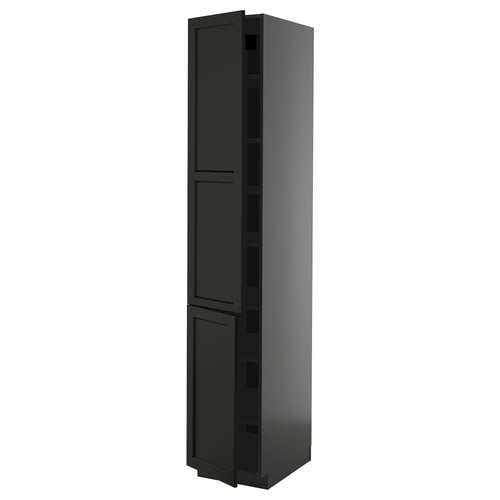 A dark grey METOD kitchen cabinet with wooden doors and a rectangular shape, featuring bevelled edges and adjustable shelves.