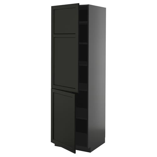 A tall, dark gray METOD kitchen cabinet with two adjustable shelves, featuring a traditional design with beveled edges on the doors.