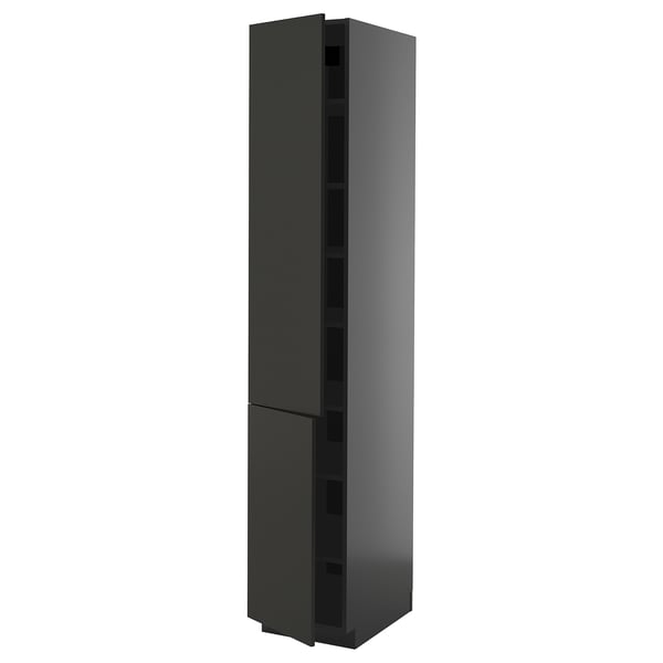 A tall, sleek black ikea METOD kitchen cabinet with a modern design and adjustable shelves.