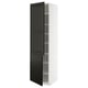 Modern tall black cabinet, sleek, with multiple shelves, white frame, shaker-style doors.