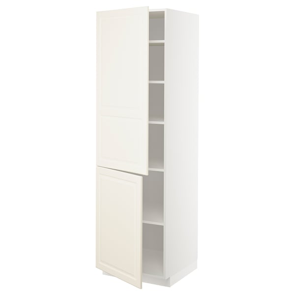 Off-white tall kitchen cabinet with door open, featuring adjustable shelves and beveled edges.