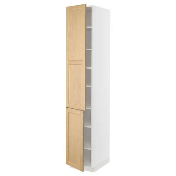 Open white tall cabinet with light wood doors revealing shelves.