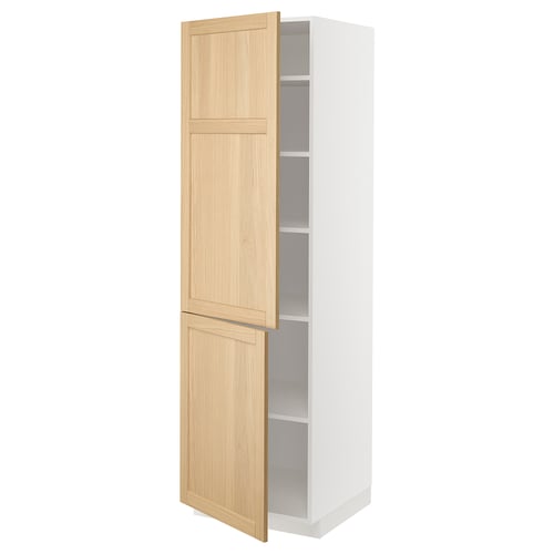 A white METOD kitchen cabinet with oak doors opened. It has a tall, rectangular shape with wooden accents and a modern design.