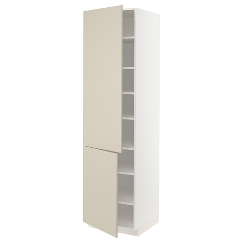 An open beige ikea METOD kitchen cabinet with adjustable shelves inside.