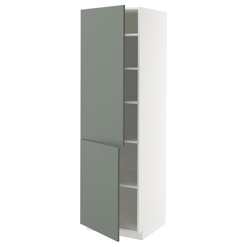 A modern, tall, white kitchen cabinet with grey-green doors, featuring an adjustable shelf inside.
