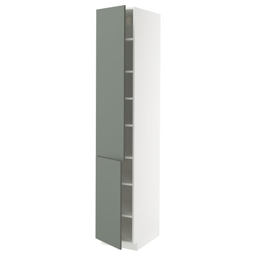 A tall, white METOD kitchen cabinet with green-gray nickeby doors and adjustable shelves.