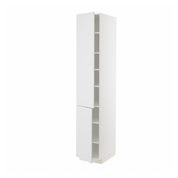 White, vertical kitchen cabinet with two adjustable shelves and reversible door.
