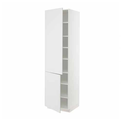 Image shows a white METOD kitchen cabinet with two doors and adjustable shelves.