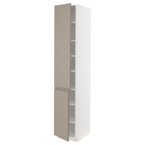 METOD tall kitchen cabinet, beige, white frame, adjustable shelves, modern design.