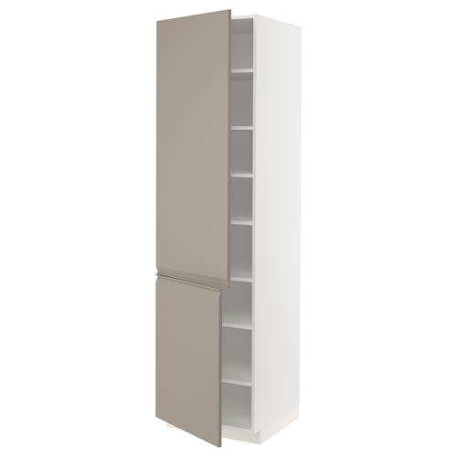 A modern, tall white cabinet with grey-beige doors featuring a sleek, integrated handle and adjustable shelves.