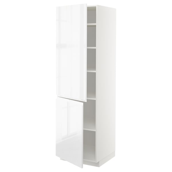 A white METOD tall kitchen cabinet with a glossy finish and adjustable shelves. It has two doors with integrated handles and a modern design.