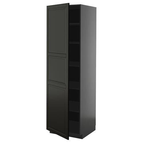 Tall black kitchen cabinet with three shelves, sleek design, modern bevelled edges.