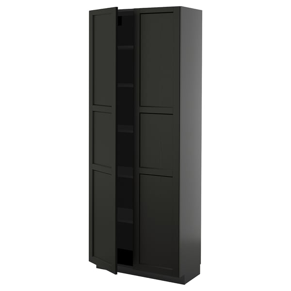 Black stained wooden cabinet with beveled edges, two doors, and adjustable shelves.