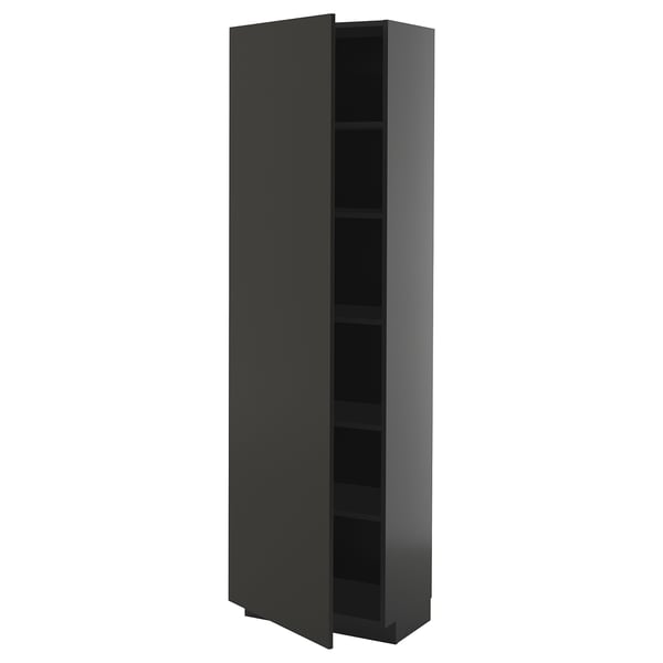 Ikea METOD: tall black cabinet with adjustable shelves, single right-opening door, multiple compartments.