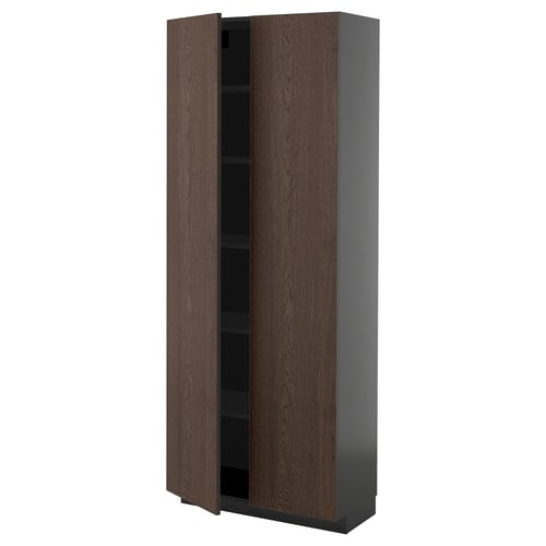 A METOD kitchen cabinet with dark brown sinarp wood doors. Its tall, rectangular, with adjustable shelves inside.