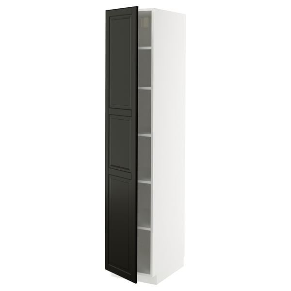White METOD tall cabinet with black door, beveled edges, adjustable shelves.