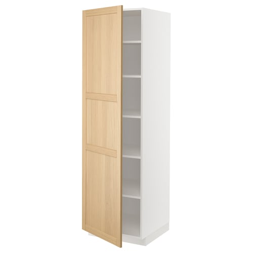 METOD kitchen cabinet, white, oak doors, tall, square shelves, modern design.