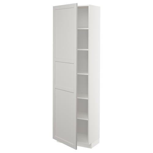 This is a white tall cabinet, METOD, with multiple shelves for storage. It clean lines, beveled edges, and a modern design, perfect for any kitchen.