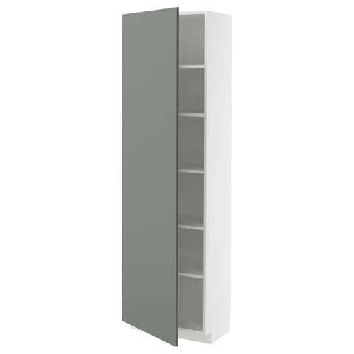 Modern white and green kitchen cabinet with adjustable shelves.