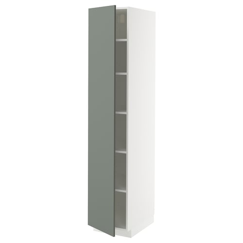 Grey-green METOD cabinet with white frame, nickel hinges, adjustable shelves.