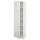 A white METOD high cabinet from ikea with a glossy finish and adjustable shelves.