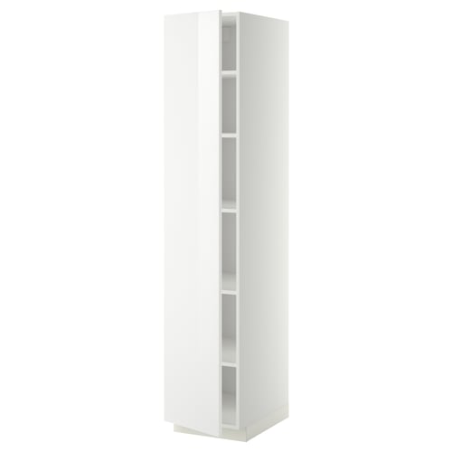 Modern white tall cabinet, part of the METOD kitchen series, with sleek glossy finish and adjustable shelves.