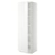 White METOD tall kitchen cabinet with high gloss finish and adjustable shelves.