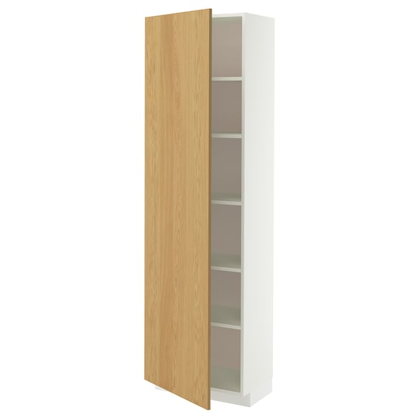 A white METOD high cabinet with a light wooden door. It multiple adjustable shelves and is designed for kitchen storage.