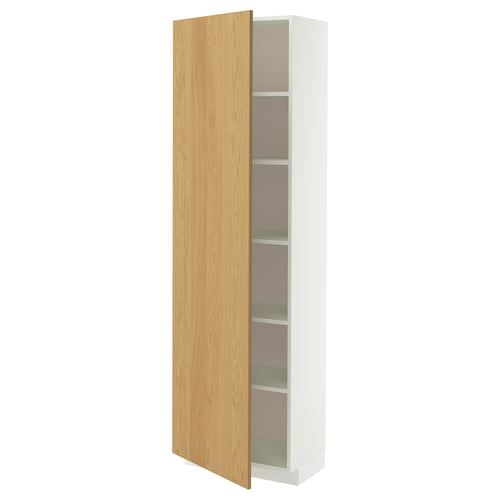 A white METOD high cabinet with a light wooden door. It multiple adjustable shelves and is designed for kitchen storage.