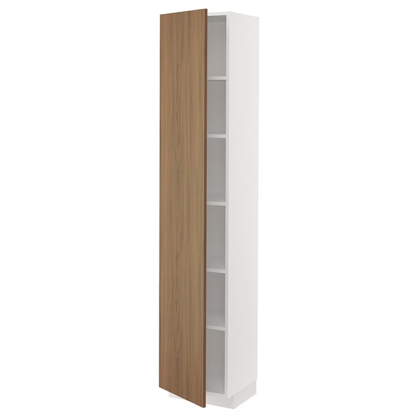 METOD tall white cabinet with wooden door, adjustable shelves.
