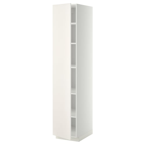A white METOD tall kitchen cabinet with a sleek design, featuring multiple adjustable shelves inside.