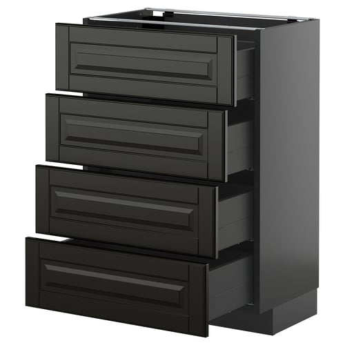 Modern black kitchen drawers with bevelled edges, sleek design, glossy finish.