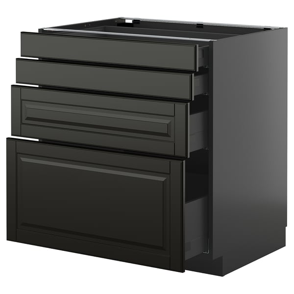 A black METOD kitchen cabinet with multiple drawers. It sleek, modern design with beveled edges and smooth-running drawers.