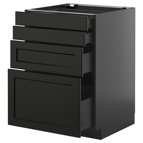Black kitchen cabinet with multiple drawers, sleek design. METOD system, ash wood finish.