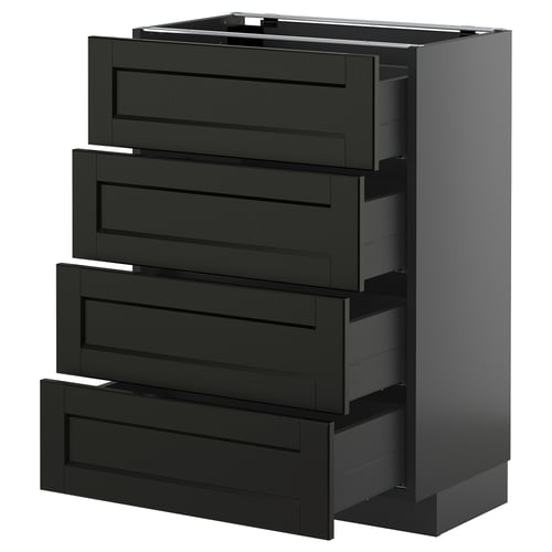 Modern black kitchen cabinet with four drawn-out drawers, sleek design, traditionally styled.