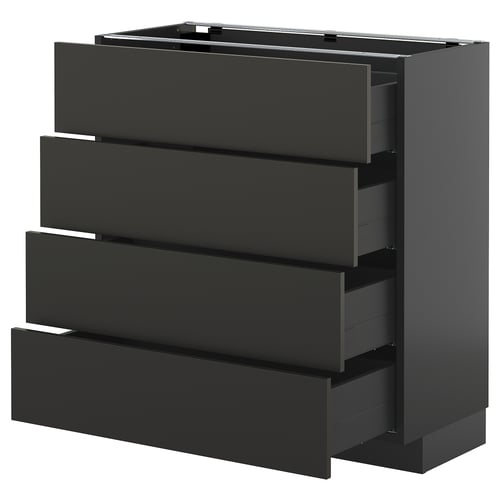 Black kitchen cabinet with four open drawers. Modern, sleek design. Dark finish. Part of METOD kitchen system.