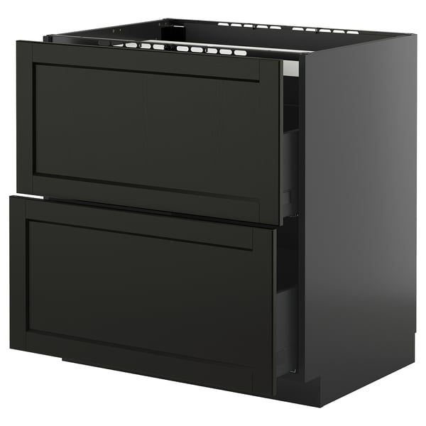 A black METOD kitchen cabinet with a traditional design, featuring two drawers with beveled edges and smooth-running drawers.
