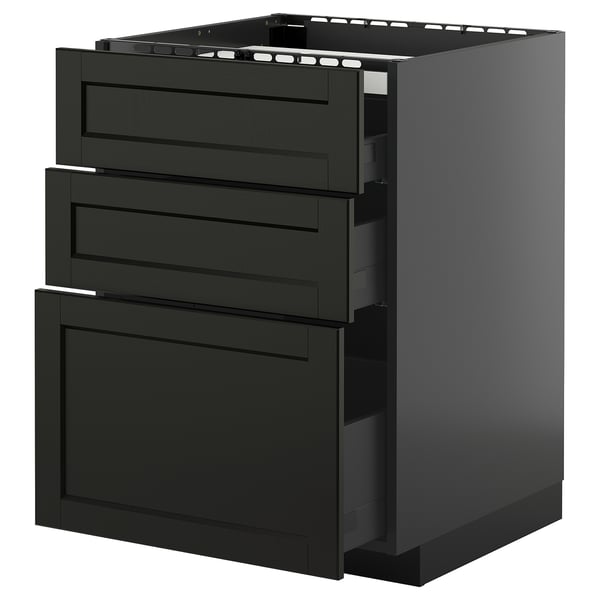METOD kitchen cabinet, 3 drawers, black, modern, ash & particleboard.