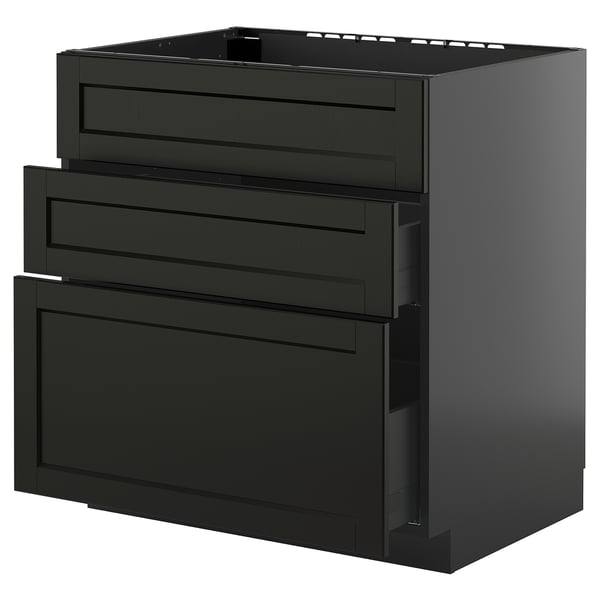 Black METOD kitchen cabinet with three lerhyttan drawers, modern and traditional design.
