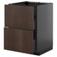 Dark brown wooden drawer unit, black frame, modern kitchen furniture.