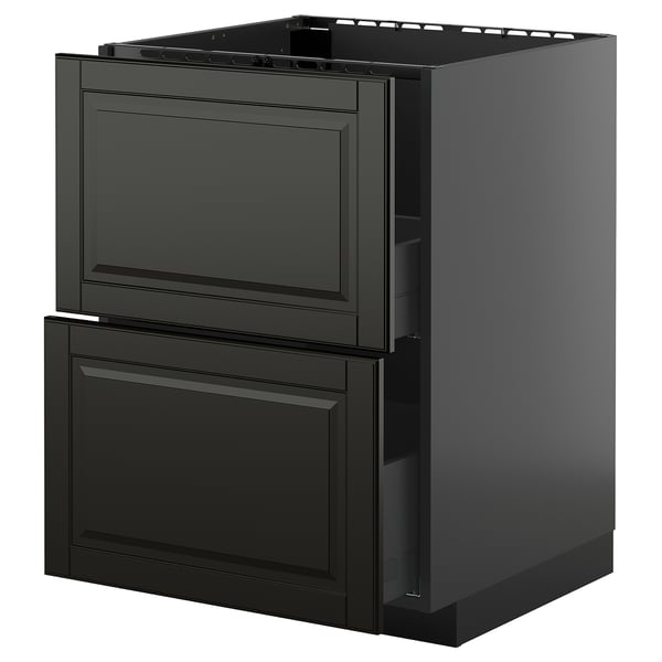 Black modern kitchen cabinet with two large drawers and bold design.