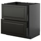 Black METOD kitchen unit, sleek design with two beveled drawers, durable particleboard & steel, modern look.