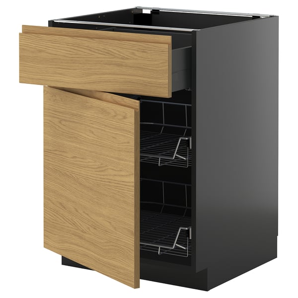 Modern kitchen cabinet with open drawer and shelves, featuring oak effect wood and black sides.
