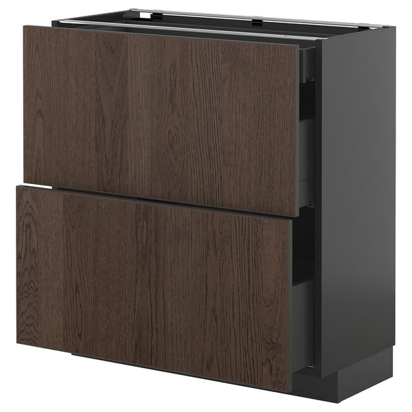 Modern dark brown kitchen cabinet with wood texture and two drawers, featuring sleek handles and a sturdy design.